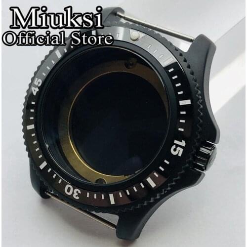 Miuksi 44mm watch case black PVD ceramic bezel fit ETA2836 Miyota 8205 8215 812A Mingzhu DG2813 3804 Seagull ST1612 movement
