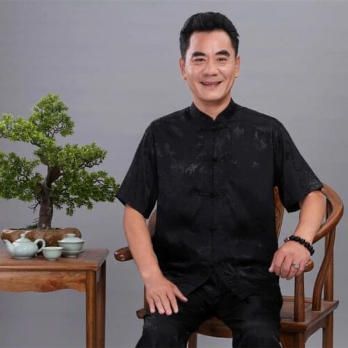 Black Dragon New Chinese Style Mens Tang Suit Sets Short Sleeve Long Pants Kung Fu Suit Satin Silk Wu Shu Tai Chi Sets 4XL