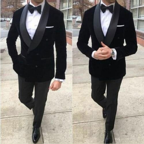 Black Velvet Prom Suits Men Suits for Wedding Shawl Lapel Plus Size Groom Tuxedos 2Piece Smoking Jacket Slim Fit Terno Masculino