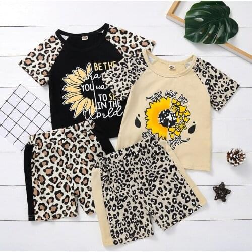 1-5Y Toddler Kids Baby Girl Short Sleeve Cotton T-shirt Tops Leopard Shorts Pant Bottom 2PCS Summer Clothes Set
