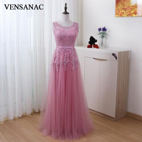 VENSANAC O Neck Lace Appliques A Line Long Evening Dresses 2018 Party Pearls Sash Illusion Zipper Back Prom Gowns