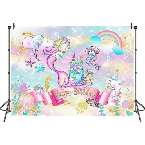 Mermaid Birthday Backdrop Underwater Gold Glitter Rainbow Photogtaphy Background Birthday Party Dessert Table Banner Decorations