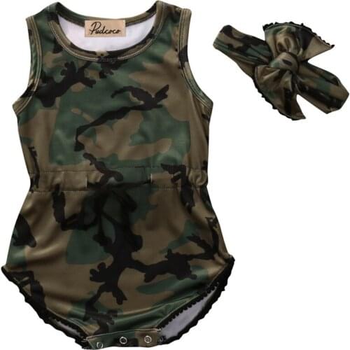 Camouflage Toddle Newborn Baby Girls Boys Infant Romper Body suit Jumpsuit Two-Piece Sleeveless Headband Clothes Wear Sunsuit