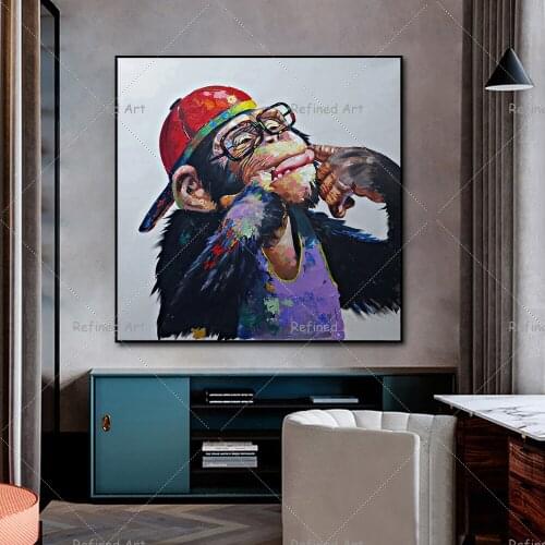 Oil Painting Animal Modern Hand Painted Happy Chimpanzee Children Room Wall Art Home Decoration Rolled Canvas No Frame Unstretch