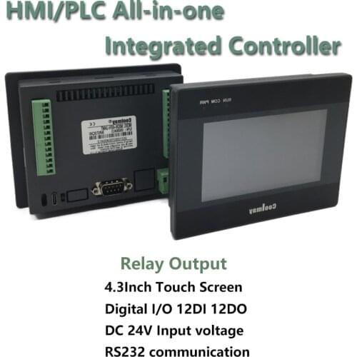 4.3'' HMI PLC All-in-one Integrated CPU Controller 4.3Inch Touch Panel DC24V Relay Output Digital I/O 12DI 12DO RS232 RS485 FX2N