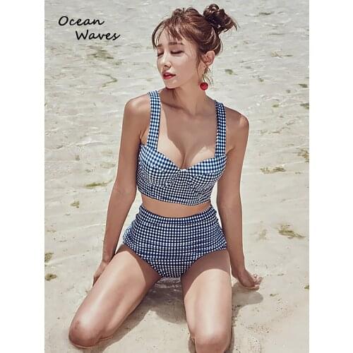 2021 Summer Plaid Swimwear Women Bowknot Gathered High Waist Triangle Swimsuit New Push Up Beachwear Bathing Suit Bikinis Set