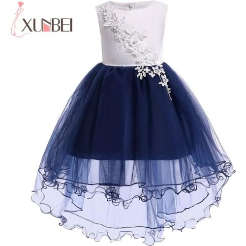 Lovely Knee Length Hi-low Navy Flower Girl Dresses 2019 Applique Flower Kids Pageant Dresses Girls Communion Dresses