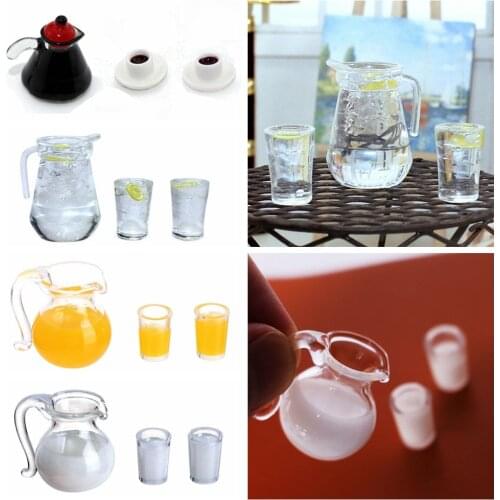 1 Set 1/12 Scale Simulation juice Jug Cup Coffee Milk Lemon Water Drinking Model Playing House Toys DIY Dollhouse Decoration