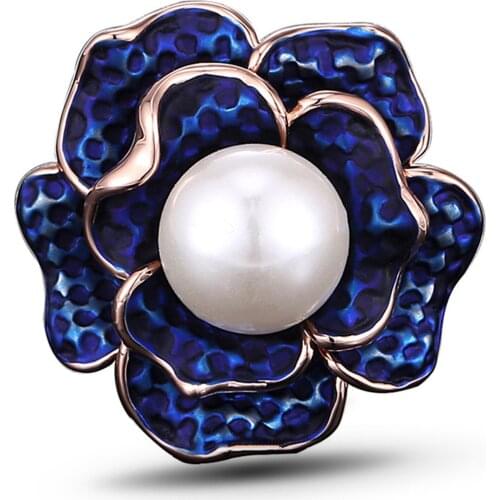 Fashion Exaggerated Blue Flower Ring Big Pearl Jewelry Party Finger Ring For Women Wedding Engagement Rings Bijoux