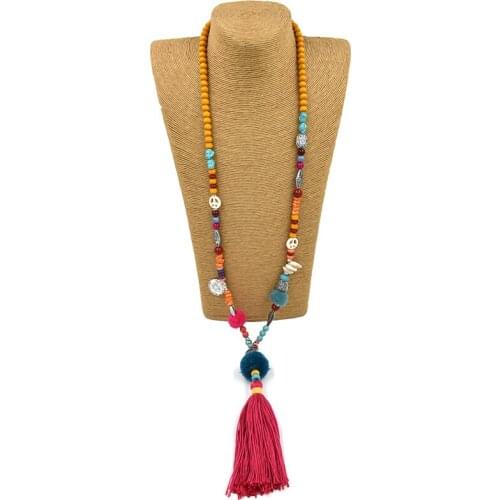 New Ethnic Pompoms pendants necklace Pink Cotton Tassel long Necklace Boho multicolor beads Necklace