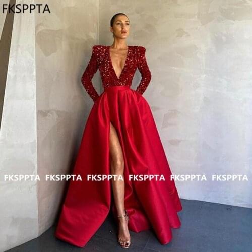 Long Sleeves Red Formal Prom Dresses 2021 Sparkly Sequins V Neck A Line Plus Size Prom Gowns With Pockets