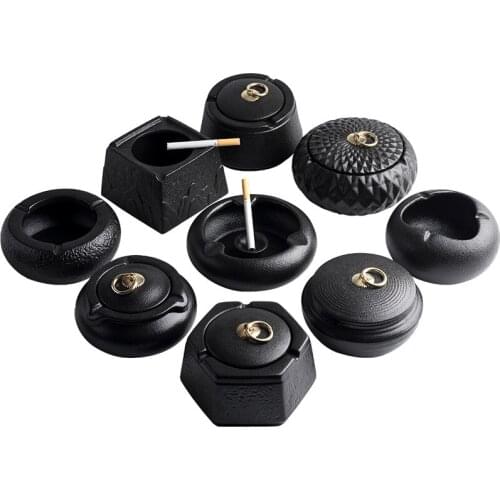 Frosted Black Pottery Ashtray Household Creative Art Ceramic Windproof Fly Ash with Cover Car Large Ashtray Gift for Boyfriend