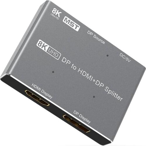 1 in 2 out Display port HDMI-compatible Splitter Converter 8K@30Hz 4K@120Hz MST SST mode for 8K DP to HD port +DP port Splitter