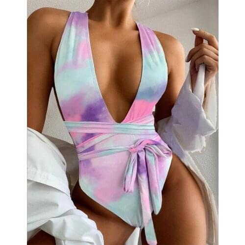 Sexy Plunging Swimsuit One Piece High Cut Swimwear Women Cross Bandage Beachwear Summer Backless Bathing Suit Women Monokini New