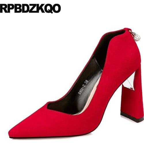 High heels crystal extreme diamond cheap pearl pumps chunky ultra pointed toe super black blue suede shoes women red slip on