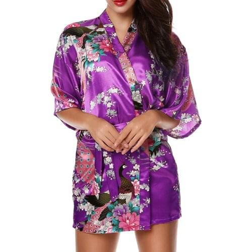 Womens Kimono Purple Robe Satin Peacock Bathrobe Short Silk Bridal Robe