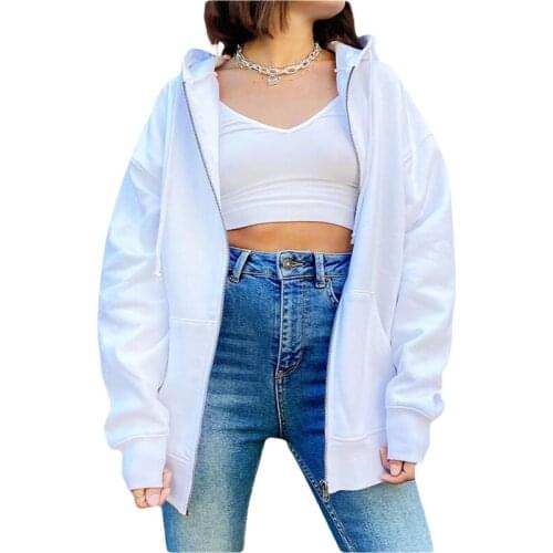 2021 New Women Loose Style Coat with Pockets Solid Color Long Sleeve Zipper Open Front Hoodies for Spring Autumn S/ M/ L