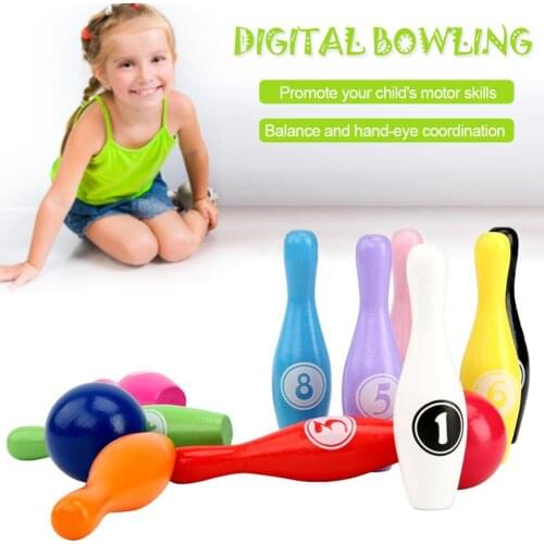12pcs/set Wooden Colorful Digital Bowling Childrens Educational Toy Indoor Outdoor Sports Bowling Game for Kids Children