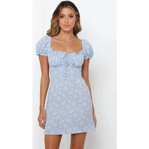2020 summer womens printed lace-up dress bubble sleeve square collar Casual High street dresses ropa mujer em