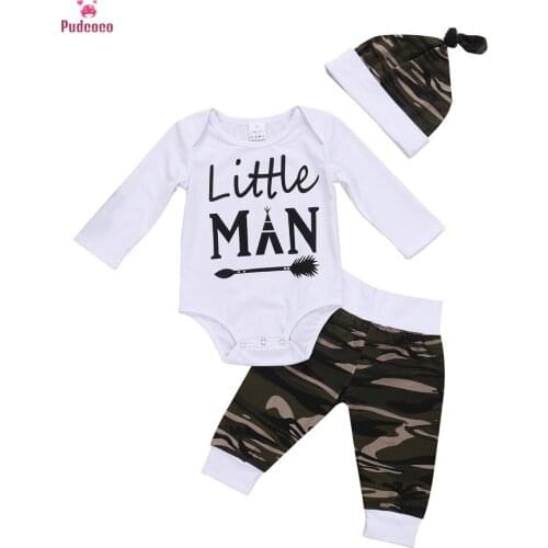 Toddler Baby Boy Clothes Set Newborn Kids Boys Camo Tops Romper Jumpsuit Pants Hat 3Pcs Outfits Set Clothing
