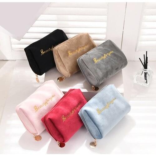 Flannel Embroidery Storage Bag Womens Cosmetic Bag Zipper Velvet Letter Solid Make Up Pouch for Cosmetics Toiletry Case