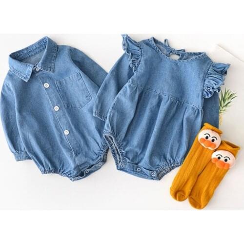 Baby Bodysuits Baby Cotton Shirt Collar Cowboy Brother Sister Wear Triangular Crawl Clothes Baby Girl Clothes(no sock)