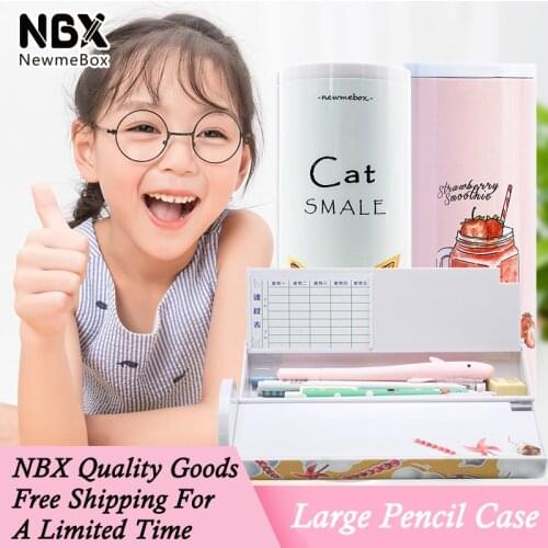 NBX School Kids Round Pencil Case Round Multi-functional Plastic Pen Box Boy And Girls Solar Calculator Large Makeup Stationery