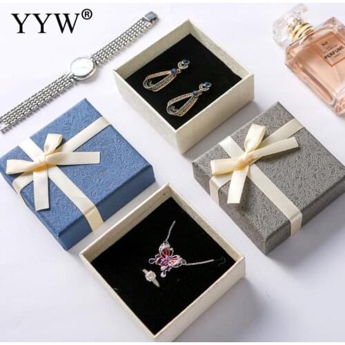 YYW Lovely Bowknot Square Jewelry Box Cardboard Packing Gift Box Blue Gray Earring Necklace Ring Display Packing 5boxes/Bag
