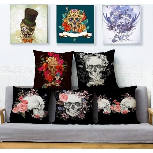 Dead Skull Head Flowers Print Cushion Cover Beige Linen Pillowcase 45*45 Square Throw Pillows Covers Sofa Home Decor Pillow Case