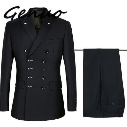 Genuo Men Suits Slim Fit New Fashion Suit Double Breasted Peak Lapel Navy Blue Black Wedding Groom Party Prom Skinny Costume