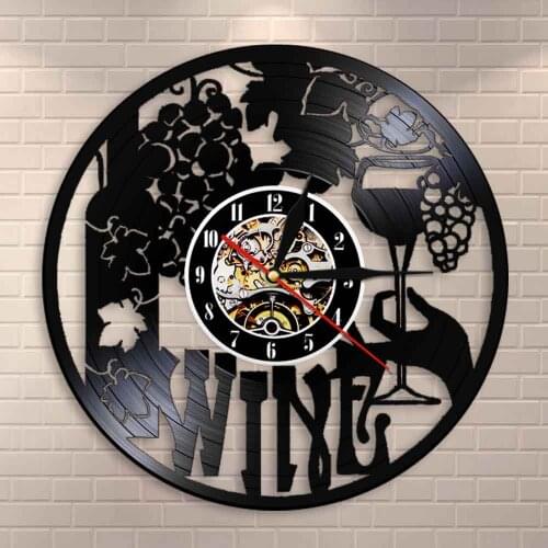 Winery Bottle Glass Grape Vine Drink Drinking Wine Logo Wall Clock Alcohol Liquor Pub Bar Label Emblem Vinyl Record Wall Clock
