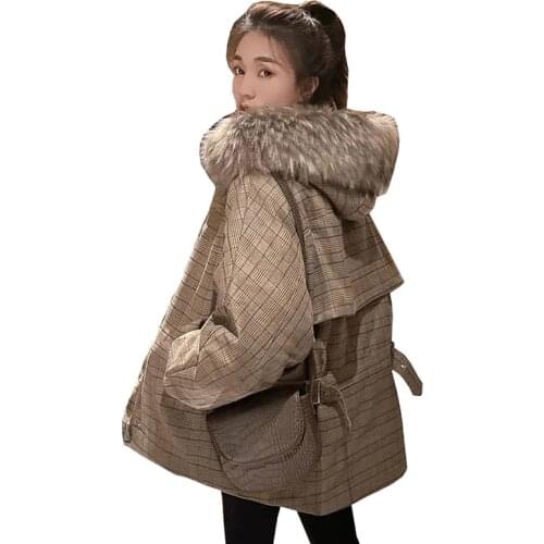 2021 New Winter Womens Puffy Jacket Korean Lattice Fur Collar Hoodies Short Coat Girl Women Loose Warm Cotton Parkas Woman Top