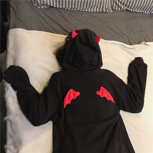 Autumn Winter Women Sweatshirts High-Street Harajuku Halloween Hoodies Punk Gothic Devil-Horn Chic Hooded Pullover Loose Sweat