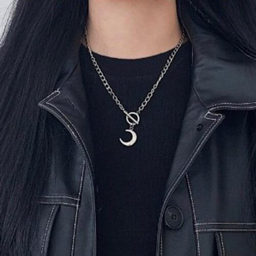 Punk Titanium Steel Crescent Moon Pendant Necklaces for Women Trendy Vintage Thick Chain Geometric Clavicle Necklace Jewelry