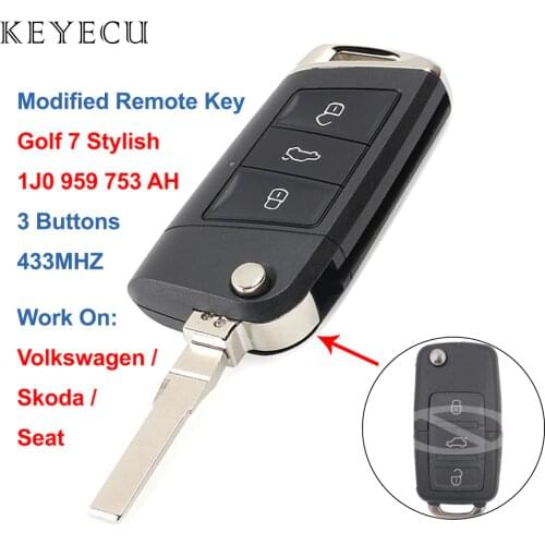 Keyecu 3 Buttons New Golf 7 Stylish Remote Car Key 433Mhz 1J0 959 753 AH for Volkswagen for Seat for Skoda 1J0959753AH