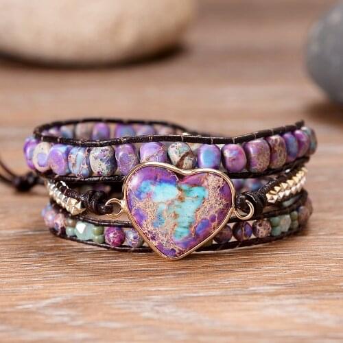Romantic Spiritual Chakra Leather Wrap Bracelets W/ Mix Stone Heart Shape 3 Strands Bracelet Classic Jewelry Bijoux Dropshipping