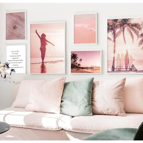 Pink Beach Coconut Tree Surfboard Quotes Wall Art Canvas Painting Nordic Posters And Prints Wall Pictures For Living Room Decor