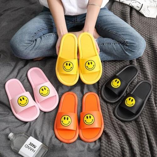 Cartoon Smiley Slippers Women Summer Indoor Home Couples Sandals Bathroom Non-slip Soft Flat Shoes Cute Solid Color Cool Slipper