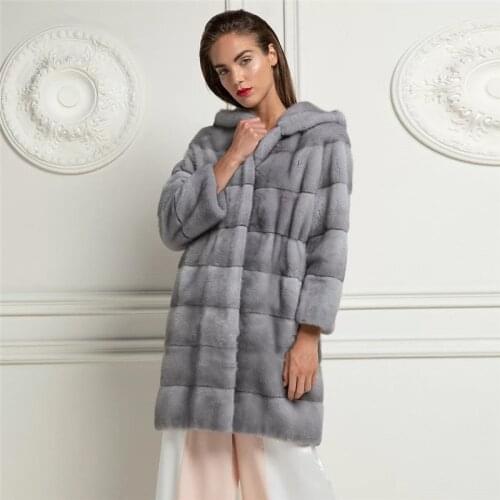 Light Grey Natural Mink Fur Coats for Women High Quality Whole Skin Genuine Mink Fur Coat with Hood Warm Fur Overcoats Winter