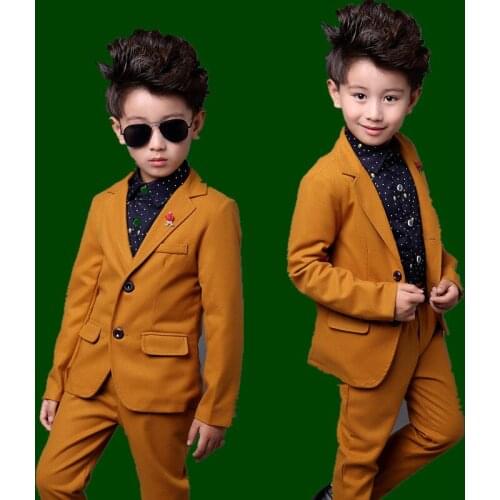 High quality New Kids 2Pcs Yellow Formal Wedding Suit for Boys Children Autumn Solid Blazer Suit Boys Formal Wedding Costume