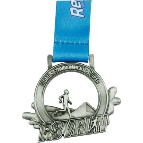 Factory custom antique silver Medals with blue ribbons low price Customized running sports Commemorative medals