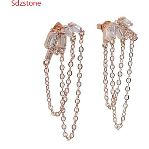 Sdzstone Rose Gold Color White Square Cz Chain Earrings For Women Pink Long Tassle Earrings Fringe Jewelry Gift
