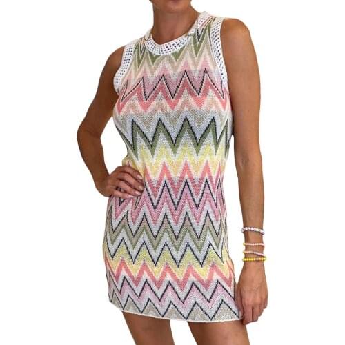 Women Sleeveless Knitted Short Dress Summer Ladies Female Casual Colorful Geometric Pattern Slim Fit Dress