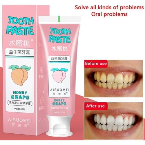 100g Peach Grape Fruit Flavor Baking Probiotic Toothpaste Teeth Whitening Remove Tooth Stains Freshening Breath Tooth Care