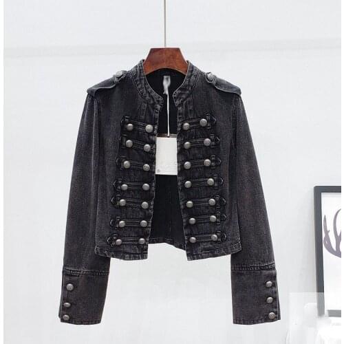 2021 Autumn New Korean Fashion Stand collar Denim Jackets Women metal Double-breasted Slim Retro Short Black Jacket Coat Female