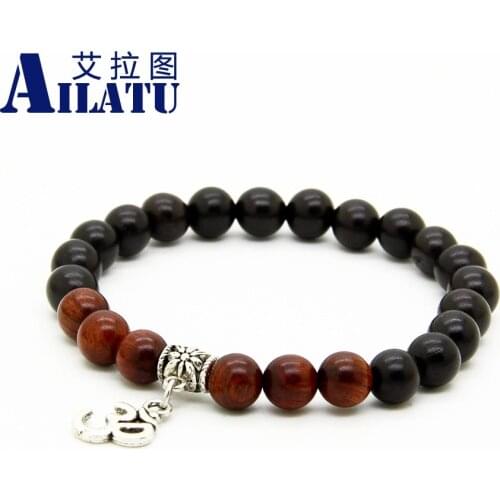Ailatu 8mm Mens Wood Beads Antique Silver Color Feather, Om and Cross Pendant Charm Bracelet
