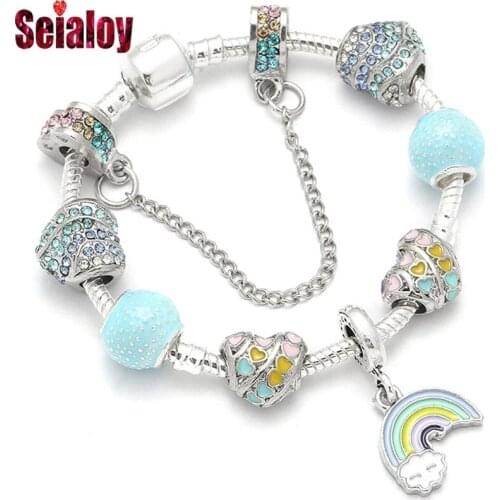 Europe Fashion Colorful Rainbow Love Charm Bracelet For Women Man Original Crystal Lucky Heart Shape Beaded Bracelet Bangle Gift