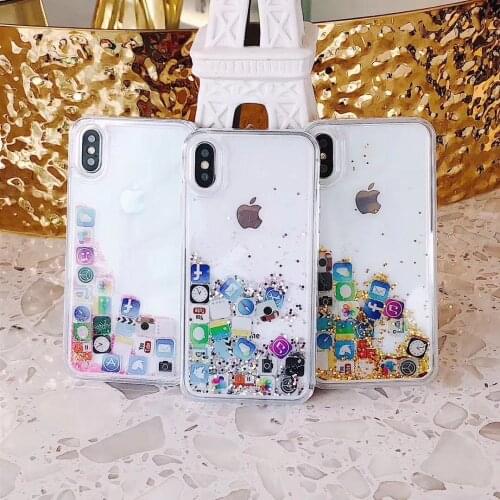 Diamond Glitter Liquid Mobile Apps Icon Clear Case Cover For iPhone 8 Plus 7 X 6s XR XS Max 11 Pro Bling Dynamic Quicksand Coque