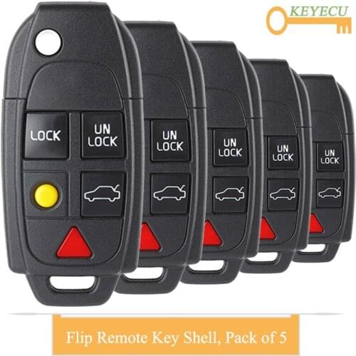 KEYECU 5PCS/Lot, Flip Folding Remote Car Key Shell Case Cover for Volvo S60 S80 V70 X70 XC90 , Replacement Fob 4+1/ 5 Buttons