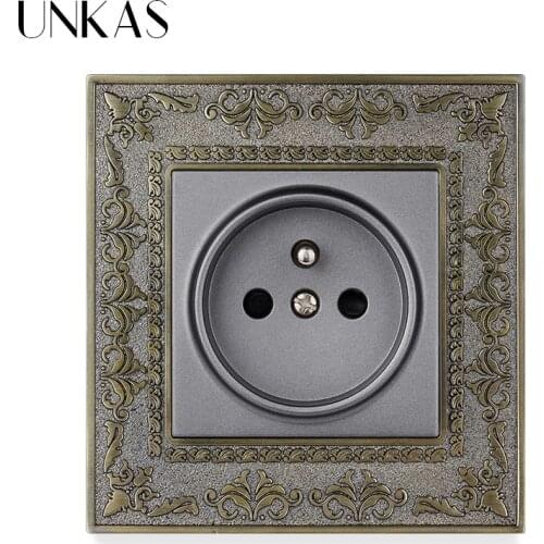 UNKAS French Wall Power Socket 16A Russia Spain Grey 4D Embossing Panel Retro Zinc Alloy Gray Outlet